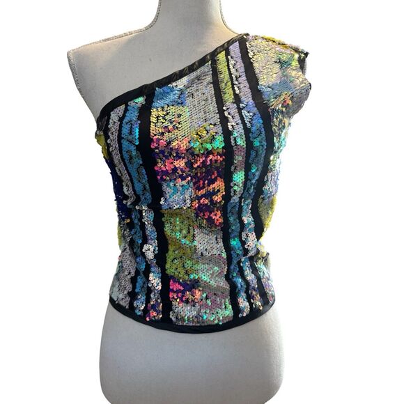 Vintage One Strap Sequin Bustier Top Multico Beaded Festival Party Club Blouse - Picture 1 of 5